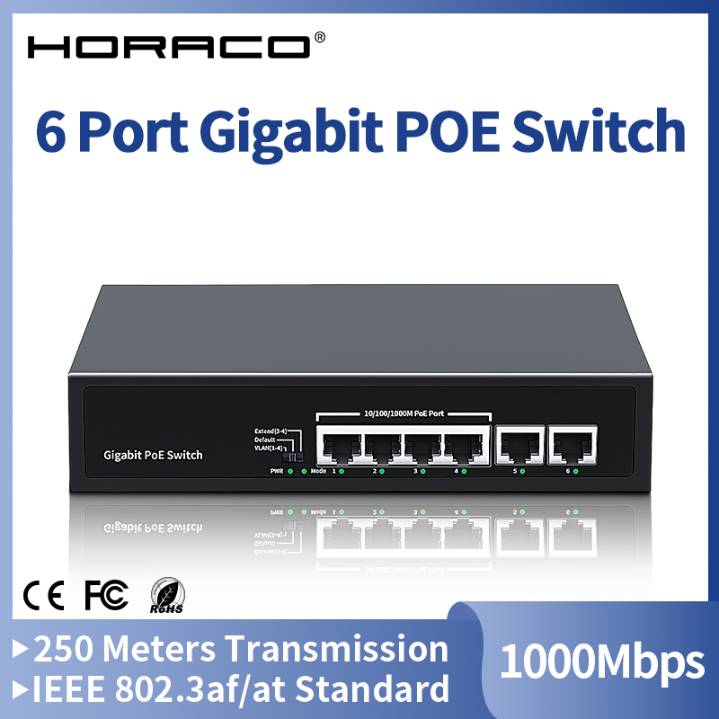 HORACO Switch POE Gigabit a 6 porte 1000Mbps Switcher di rete standard intelligente Hub Splitter Internet per telecamera IP, NVR, sorveglianza