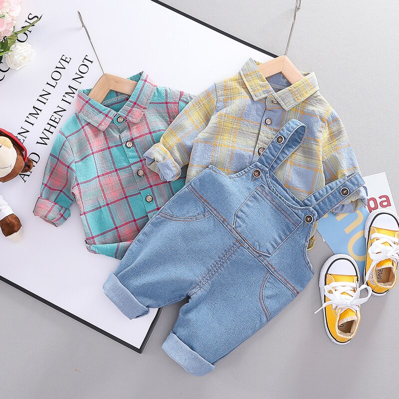 Hylkidhuose Peuter Baby Kleding Sets Lange Mouw Plaid Shirt Bib Jeans Casual Stijl Meisjes Baby Jongens Kleding