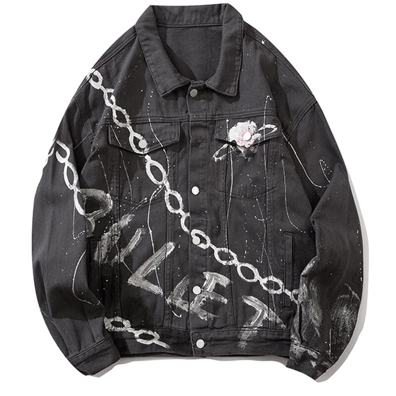 Aolamegs planet kjede trykt punk dongerijakke herre cowboykåper med flere lommer koselig high street hip hop hipster streetwear høst: Xl