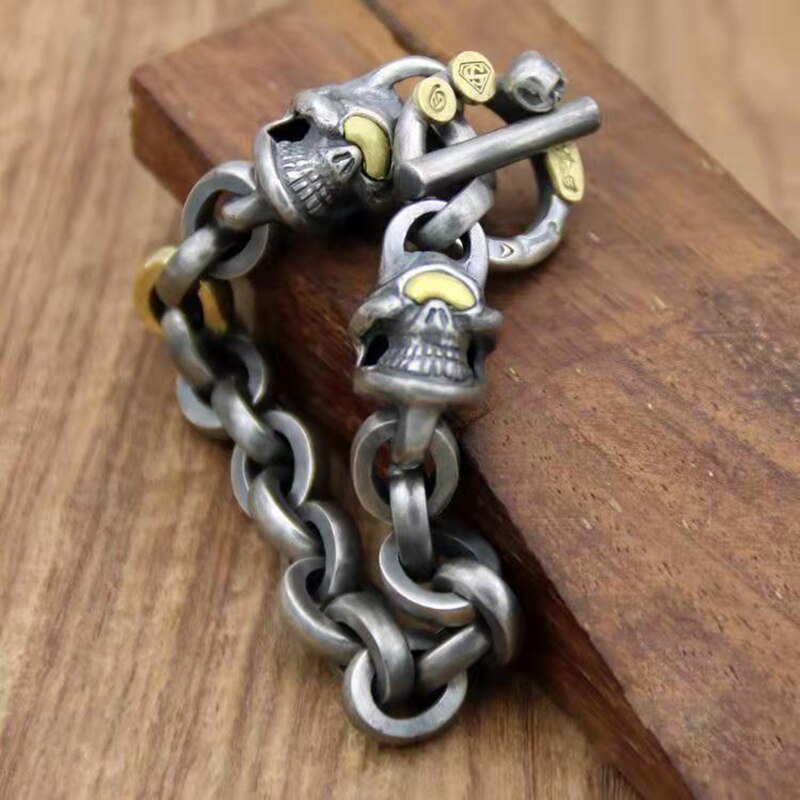 Pulsera de anillo grueso con doble calavera y ojo dorado para hombre y mujer, brazalete Retro, accesorios de joyería hechos a mano,