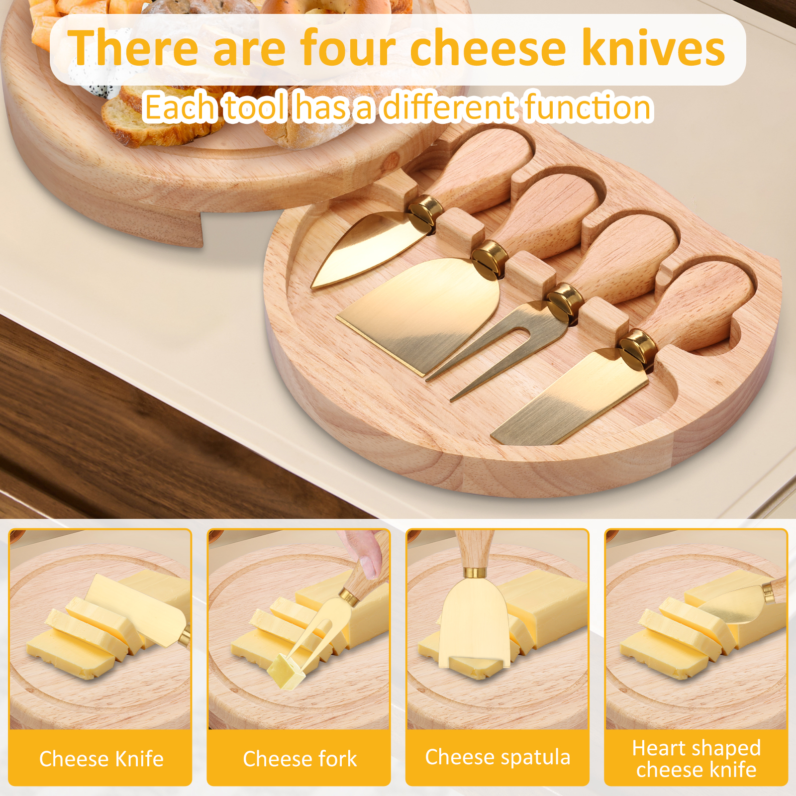 Kaasplank Set Houten Charcuteriebord met Kaassnijder en Vork Fruit Veggie Serveerschaal Keukengadget Dessertbord