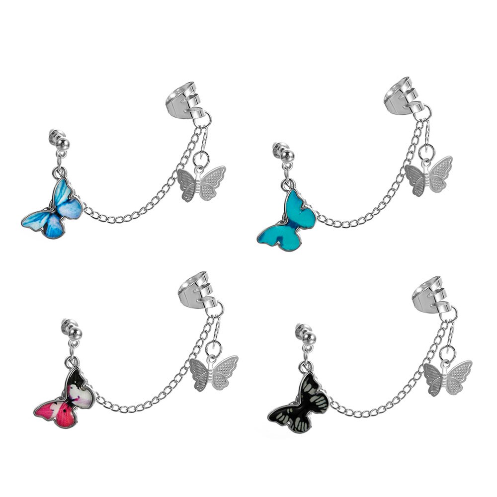 Hanging Butterfly Clip Earrings Ear Hook Rock Hoop Punk Double Pierced Unusual Earring Women Girls Goth Jewelry