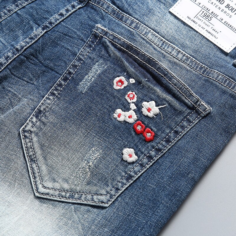 KSTUN-Short en Denim pour hommes, pantalon de court, avec broderie à fleurs, Slim élastique, , été