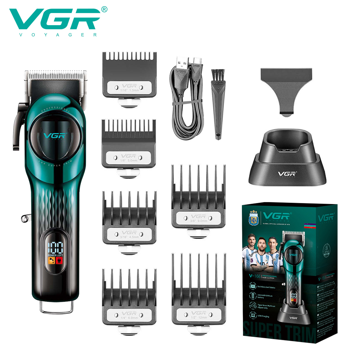 Cortadora de pelo recargable digital inteligente VGR 166 con base de cinta degradada cizalla de empuje eléctrica ajustable: Verde