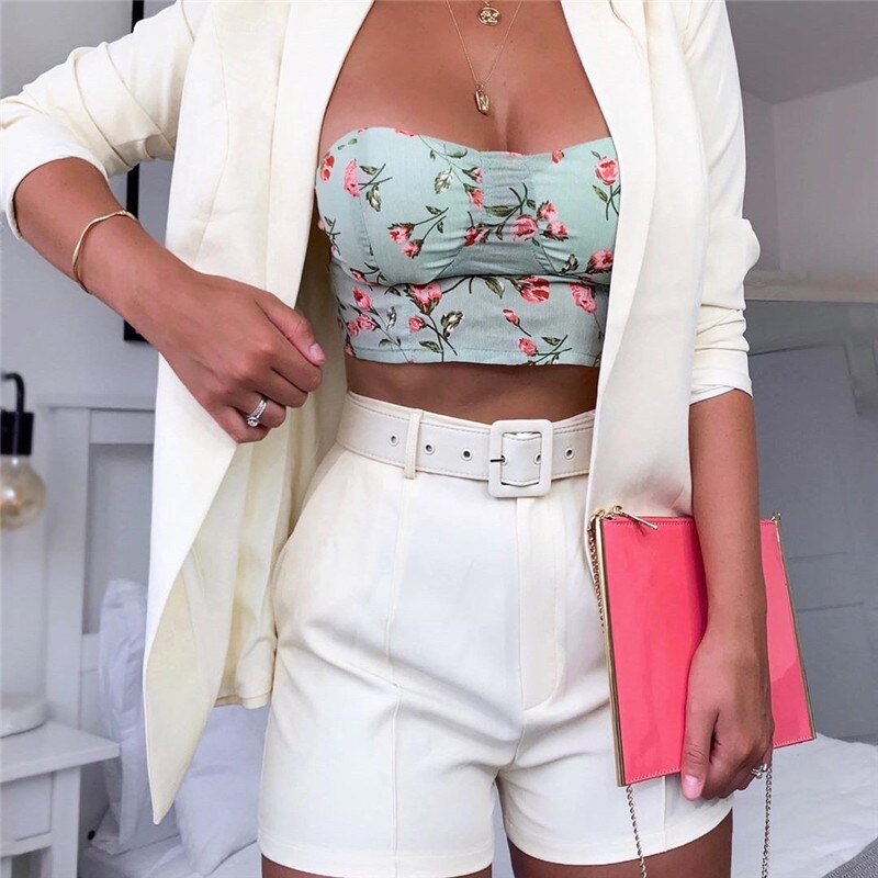 Dulzura autumn winter women blazer/shorts set two piece set office suit plus size outfits jacket casual wide leg co ord set: White / M