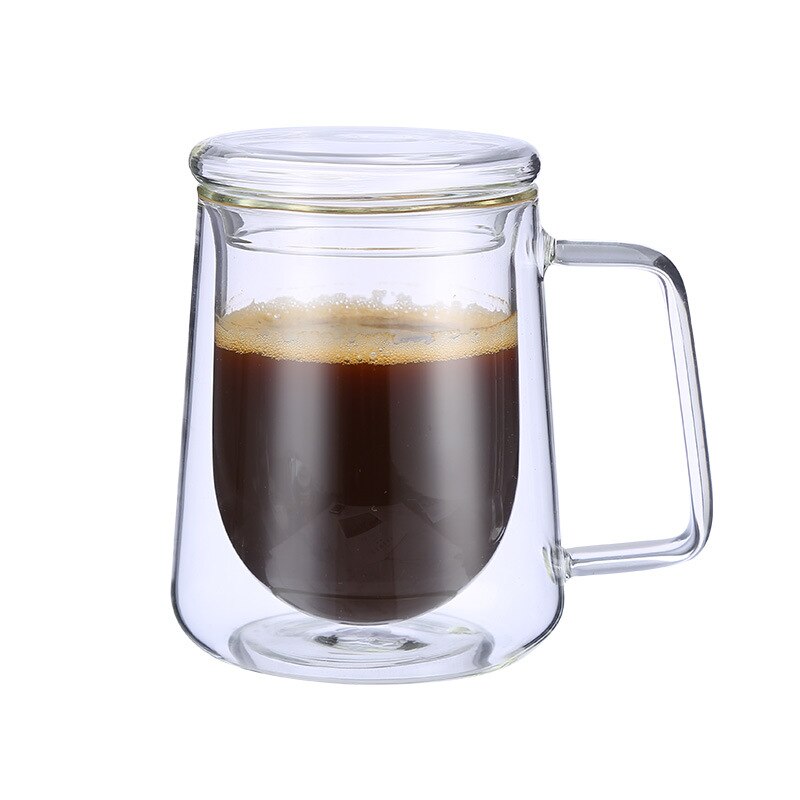 Glass kopp gjennomsiktig glass kopp drikkeglass dobbel vegg glass kaffekopper med lokk glass kopp krystall glass krus: N7190t med deksel
