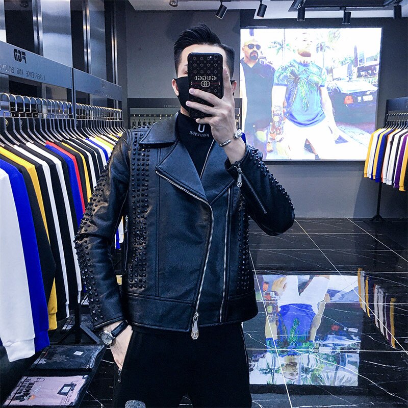 Veste en Faux cuir pour hommes, Punk Rock DJ scène veste en cuir pour hommes Jaqueta Masculina Couro hommes veste en Faux cuir à Rivet de: Asian XL