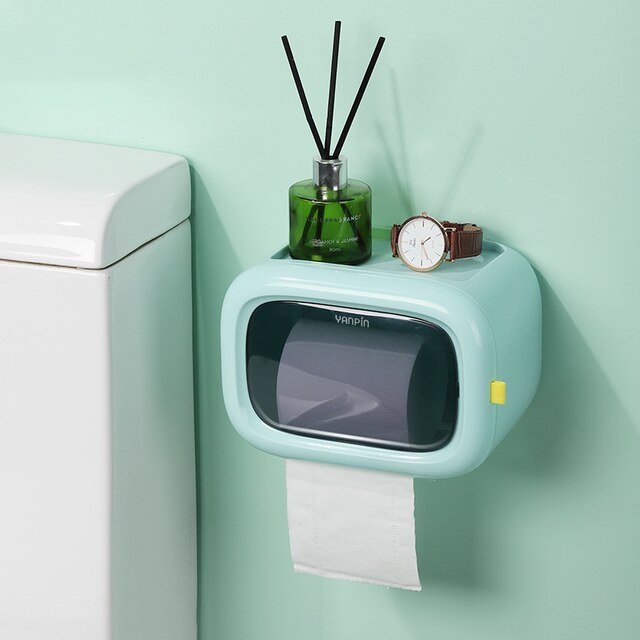 Double Layer Tissue Box Wall Mounted Toilet Paper Holder Waterproof Storage Box Mobile Phone Storage Table Bathroom Supplies: Green C