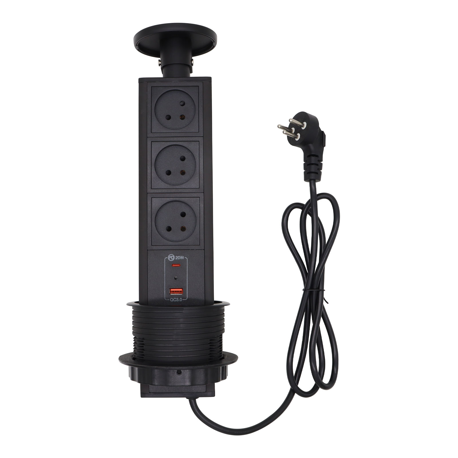 Uitklapbaar stopcontact; ingebouwd bureaubladstopcontact; 3-- cijferige wisselstroomaansluiting, usb-a/c snelladen  pd 20w ; gebruikt voor vergadertafels, keukens en