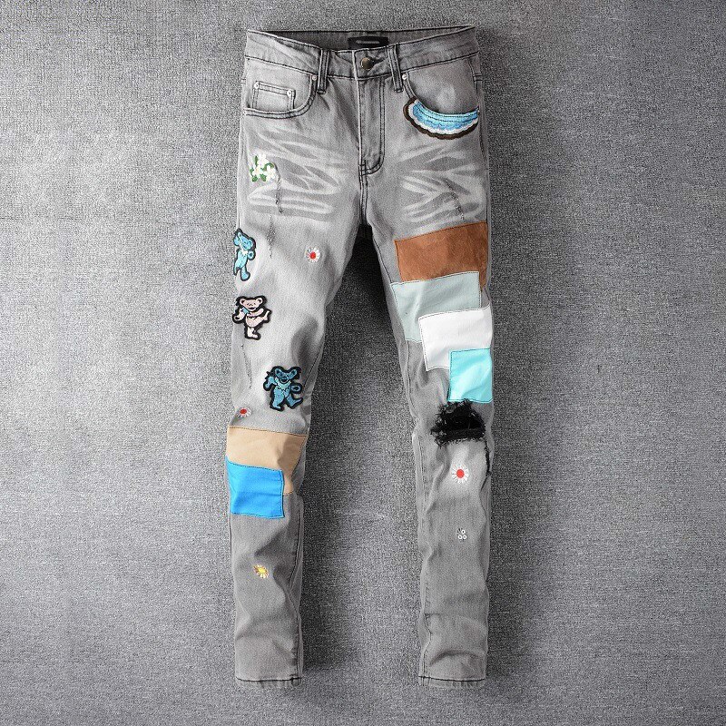 Mens Summer Jeans Men's Bear Embroidery Patchwork Hip Hop Light Blue Jeans Streetwear Holes Ripped Stretch Denim Skinny Jeans: Grey / 28