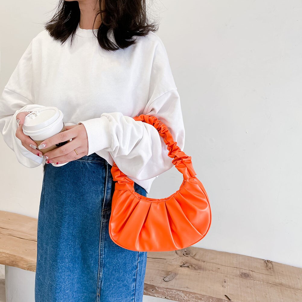 Vintage Vrouwen Geplooide Grote Handtas Schouder Onderarm Pure Kleur Pu Lederen Tas Zacht Leer Vrouwelijke Handtas