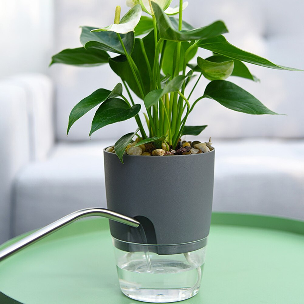 Maceta de agua de plástico de 2 niveles redonda de resina con autorriego hidropónico maceta para plantas hogar Oficina jardín decoración tiesto redondo