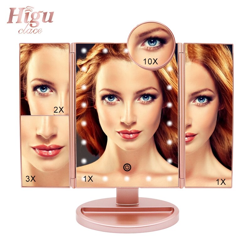 Higu Tri-folded Table Makeup Mirror LED Light Touch Screen Fold Mirrors 180 Degree Adjustable Table Cosmetic Tool: Rose Gold