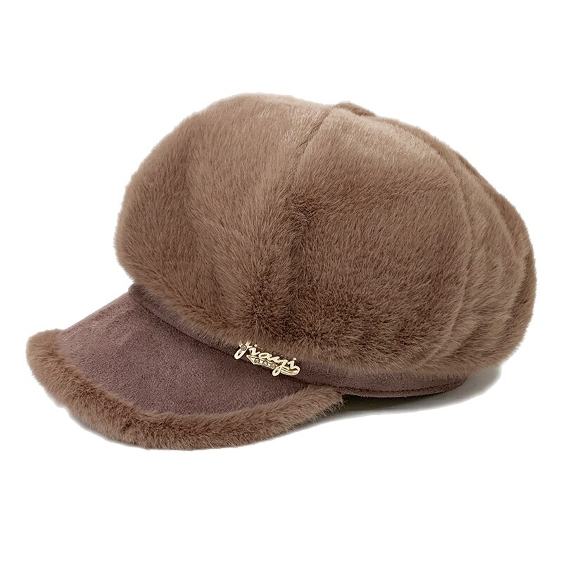 Vinter kvinder imiteret pels hatte varmere ensfarvet plys ottekantede kasketter afslappet udendørs vindtætte varme hatte damer hat kasketter: 06