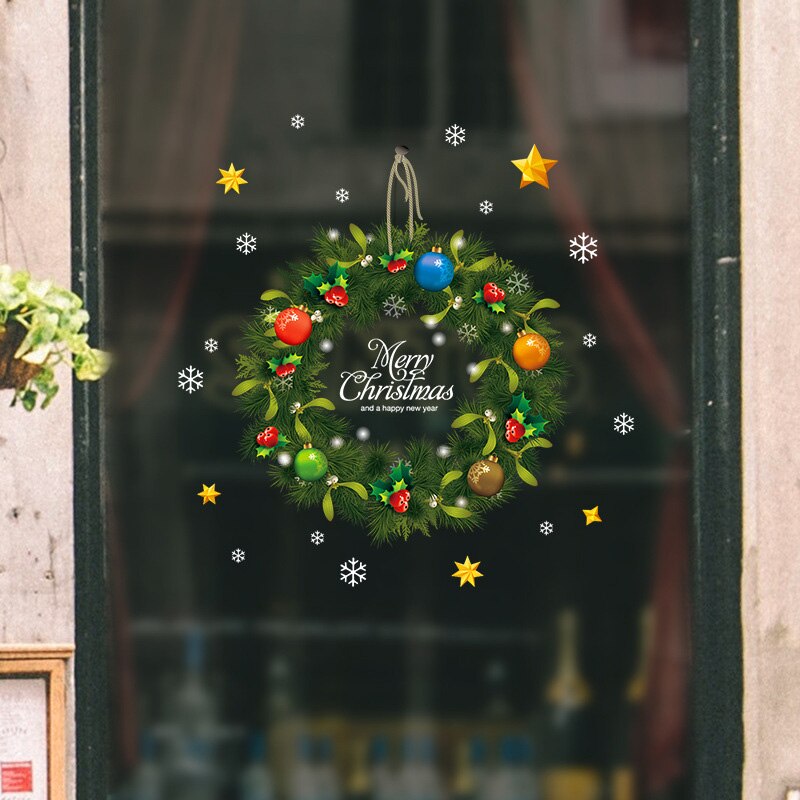 Christmas-Sticker Glass Window Self-adhesive Paper Green Garland Stickers Shopping Mall Store Glass Door Dress Up