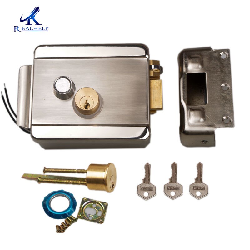 electric gate Lock 12V with Double Cylinder Locks for Gates with Solid Brass Hock Roll Iron Wooden Door Lock: Right Open 3 key