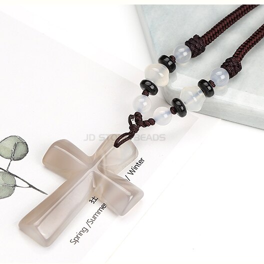 Natural Stone Cross Necklace Hand-woven Rope for Women and Girls Long Sweater Chain Jewelry: Beige