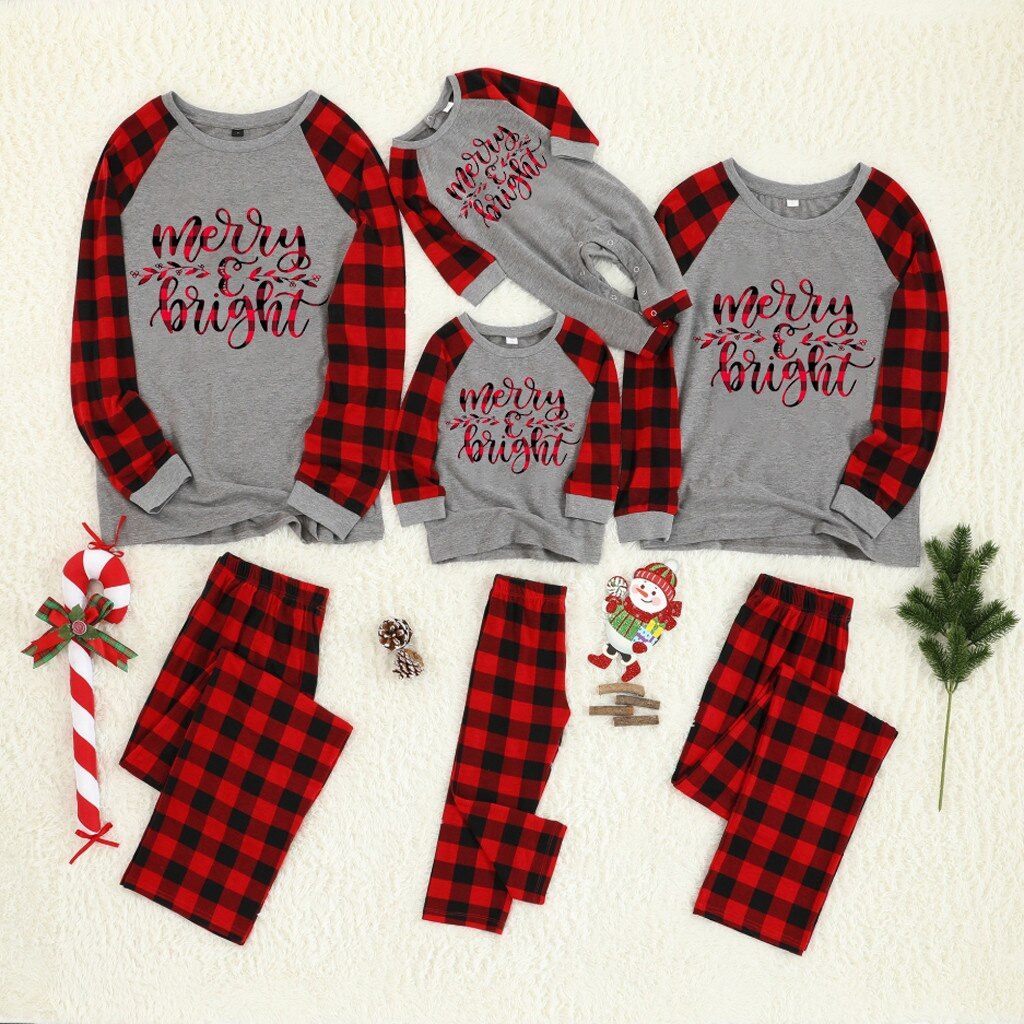 Winter Familie Kerst Pyjama Set Kids Baby Nachtkleding Familie Outfits Met Lange Mouwen O-hals Brief Print Tops + Plaid Broek set