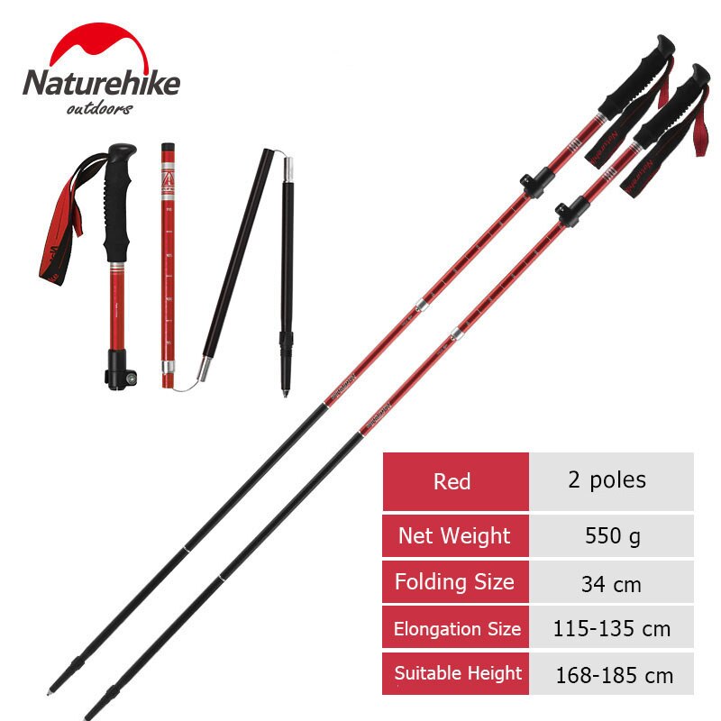 Naturehike Trekking Pole Portable Folding Trekking Walking Stick Telescopic Stick Hiking Stick Aluminium Walking Hiking Poles: Red - 2 poles