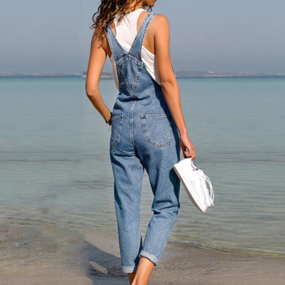Dame blå denim overalls jumpsuit rompers bæltehul hul lomme til kvinder afslappede kvindelige bukser