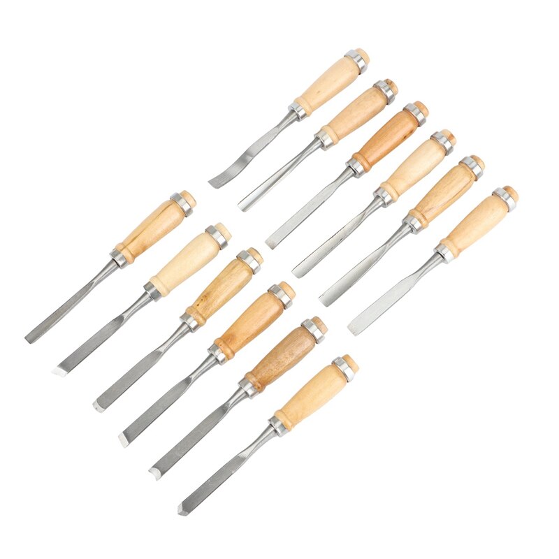 BMBY-12 Stuk Hout Beitel Tool Set-Tool Stalen Blad En Hoge Impact Houten Handvat, hout Beitel Platte Schop Staal Beitel
