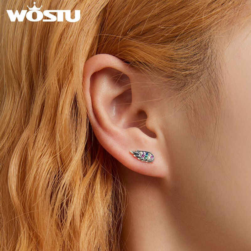 Wostu genuine 925 sterling silver angel wing stud earrings for women hollow rainbow zircon ear studs  s925 fine jewelry fie 1397