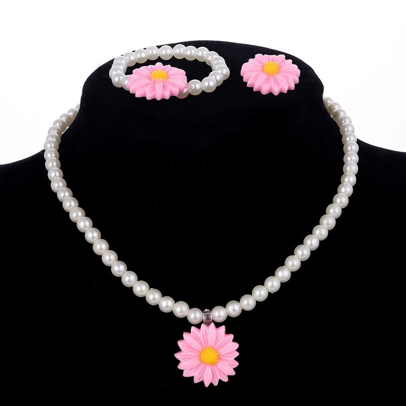 Ensemble de bijoux pour enfants, perle imitation perlée, meilleur bébé Rose fille, fleur Rose, collier, Bracelet, bague: F495