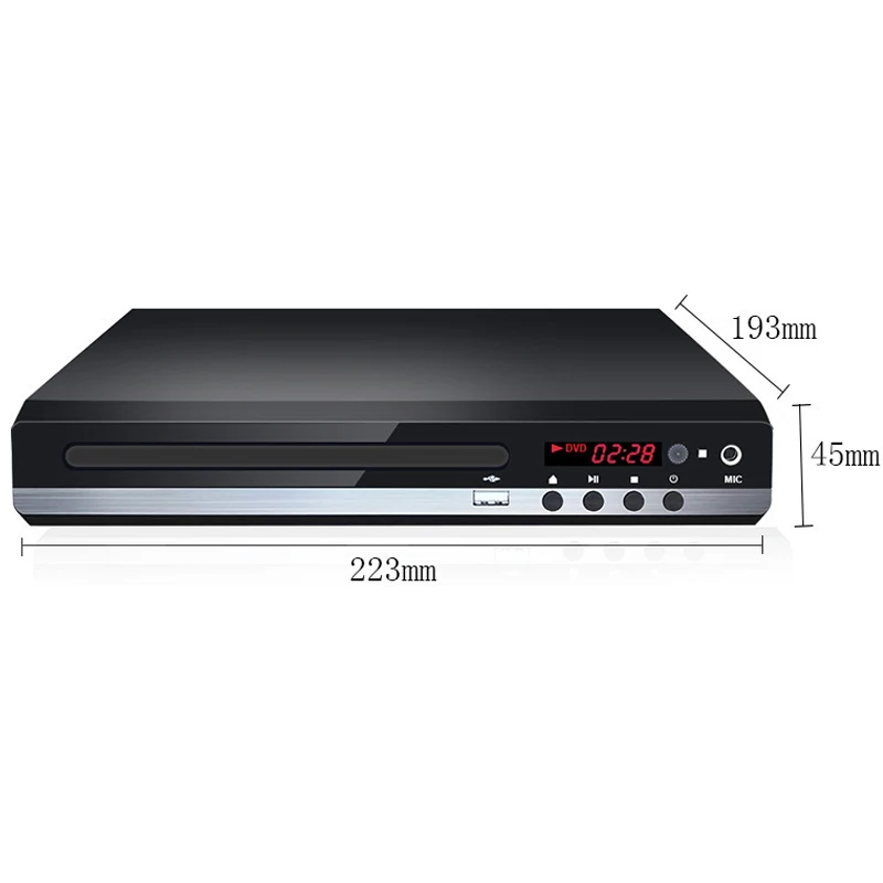 Hjemme-dvd-spiller, vcd, cd-plate, mediespiller, maskin med av-utgang, fjernkontroll, usb-mikrofon, full  hd 1080p hjemme-dvd-spiller, multimediaboks