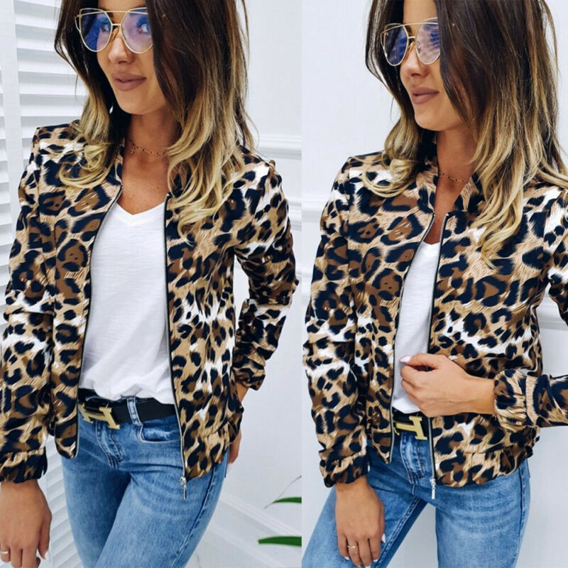 Høst fritid komfort kvinner damer leopard trykte jakker høst varm kvinnelig glidelås søm trendy jente jakke