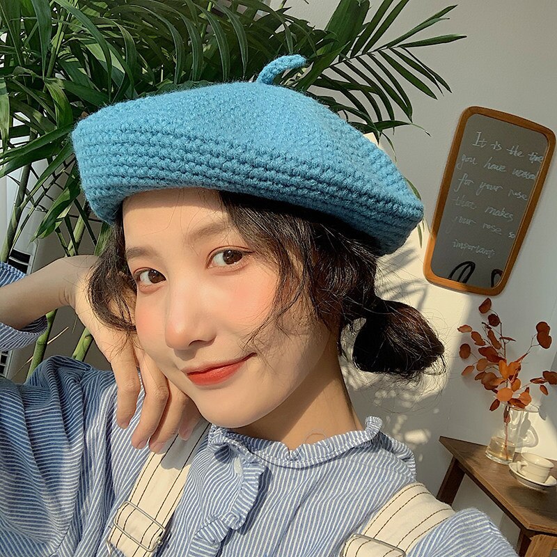 beret damski jesienno-zimowy kapelusz z filcu ozdoba robić włosów brytyjski retro wełniany malarz ośmiokątny kapelusz czapka z dzianiny: niebieski