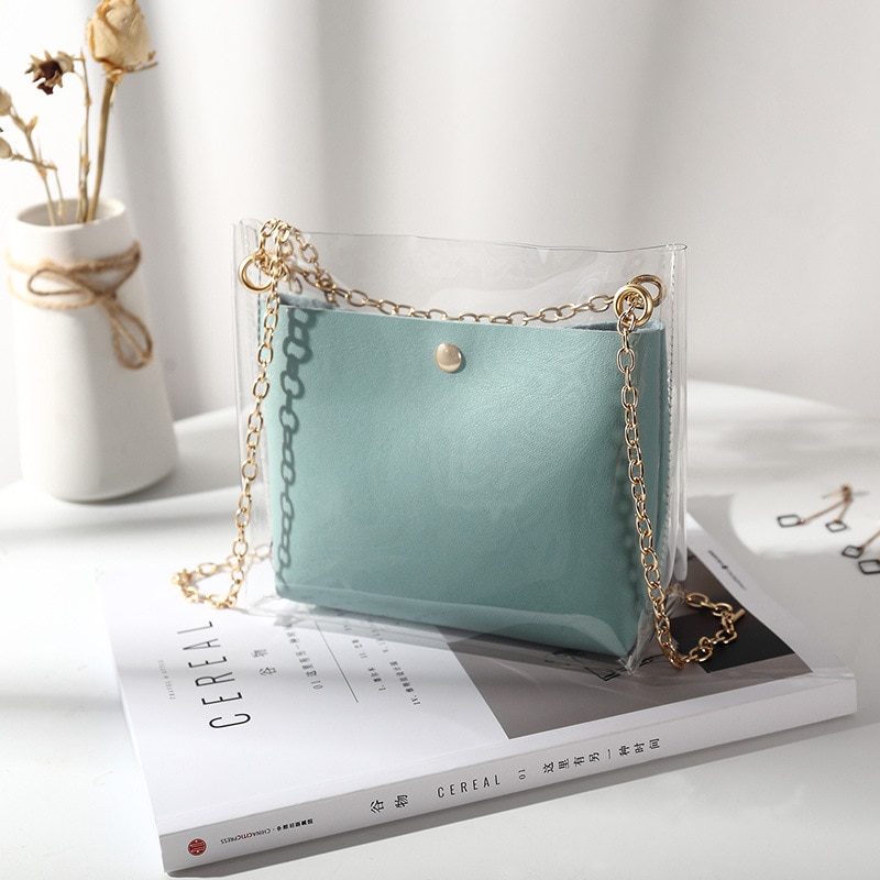 Luxury Handbag Women Transparent Bucket Bag Clear PVC Jelly Small Shoulder Bag Female Chain Crossbody Messenger Bags: Blue