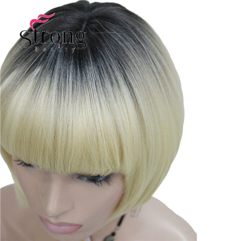 StrongBeauty Neat Bang Korte Bob stijl Pruik Blonde Ombre En donkere Wortel Synthetische Natuurlijke Volledige Pruiken