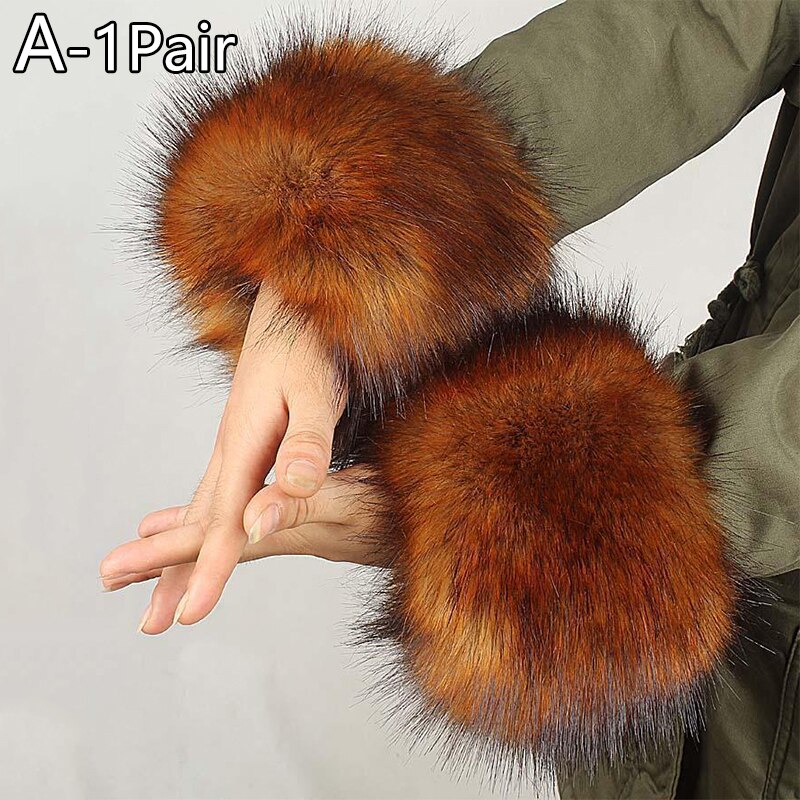 2 pezzi grande polsino in pelliccia da polso decorazione manica grande cappotto invernale manica anello mano pelliccia di volpe sintetica pelliccia grande maniche lunghe calde polsini scaldamuscoli: A