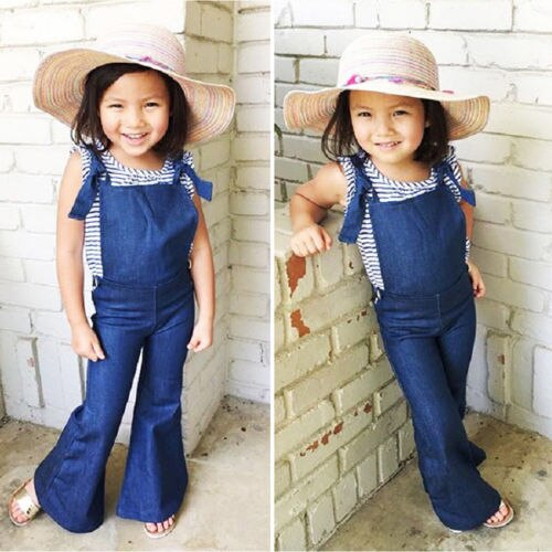 Nuovo Arriavl Jeans Boot Cut Tuta Bambini Del Denim Delle Ragazze Salopette Cinghia Senza Maniche Pagliaccetto Tuta Playsuit Abbigliamento 1-6Y