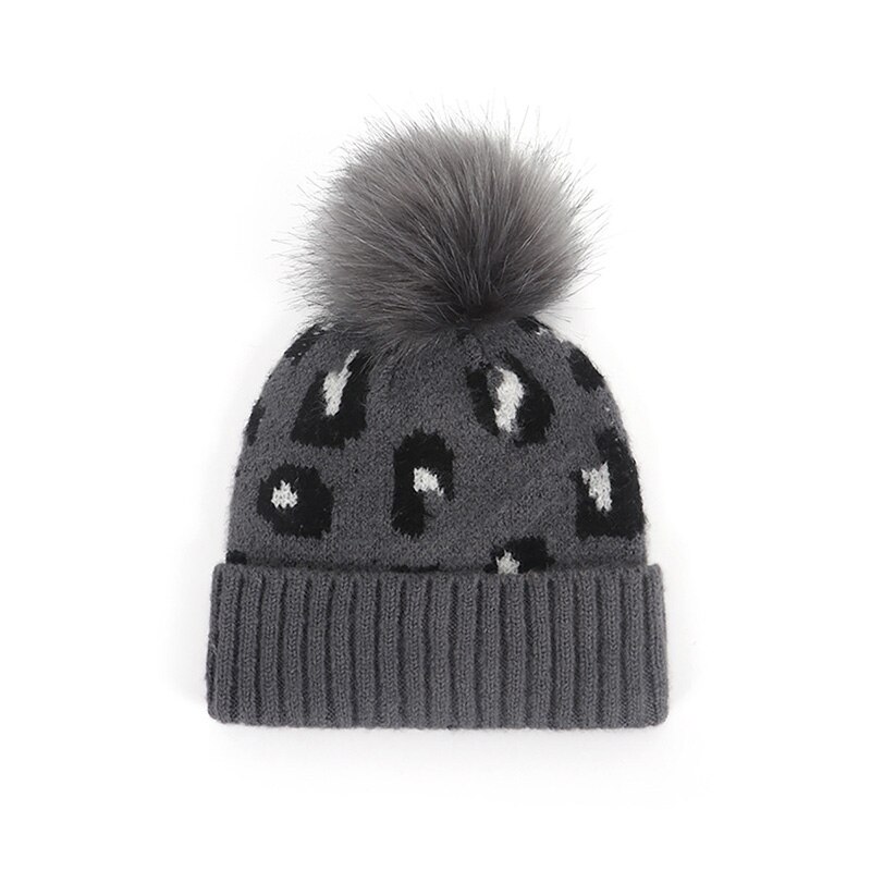 Pompom baby hatt leopard tryckt barn flicka pojke höst vinter mössa mössa mjuk stickad varma barn småbarn mössor keps: Grå