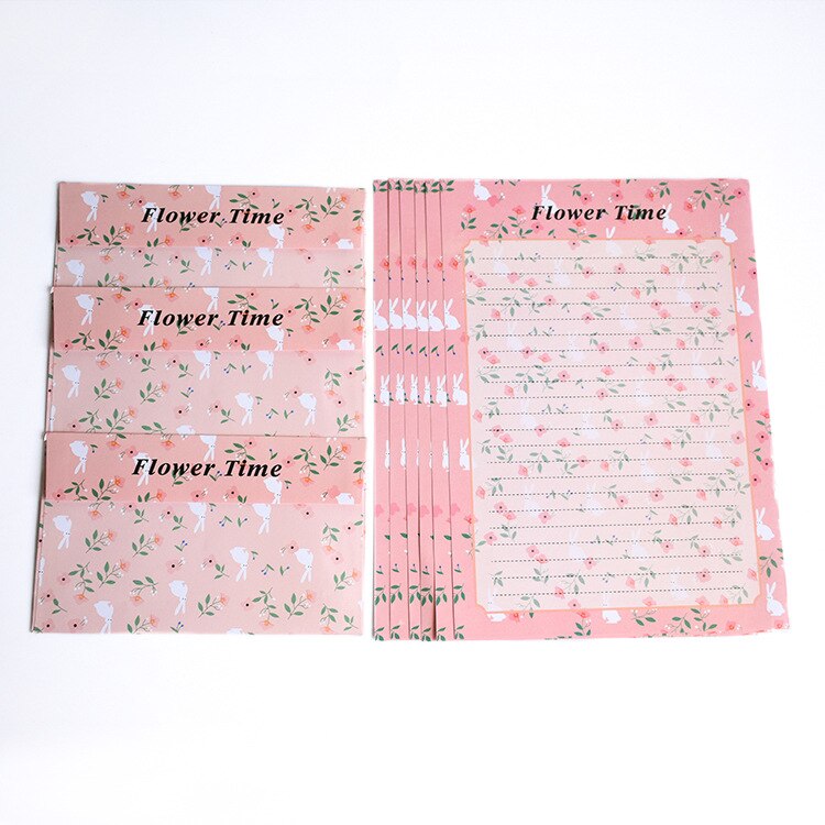 12 feuilles lettre papier 6 pièces enveloppe ensemble Kawaii fleur écriture papier enveloppe lettre Pad dessin carte de voeux avec enveloppes: Pink Rabbit