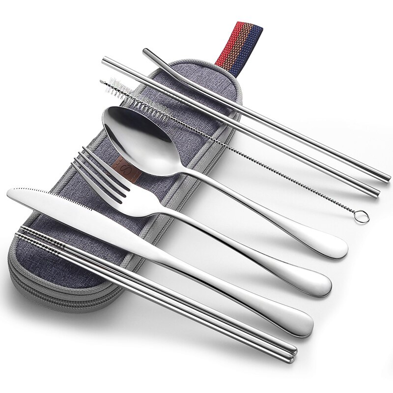 Serviesje Reizen Camping Bestek Set Herbruikbare Zilverwerk met Metalen Stro Lepel Vork Eetstokjes en Draagbare Case: silver A