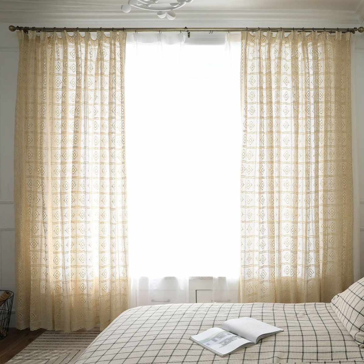 Moderne ajouré dentelle rideaux pour salon Beige/blanc tricot évider fenêtre rideaux pour balcon peut être nappe: Beige Tulle / 140X200cm
