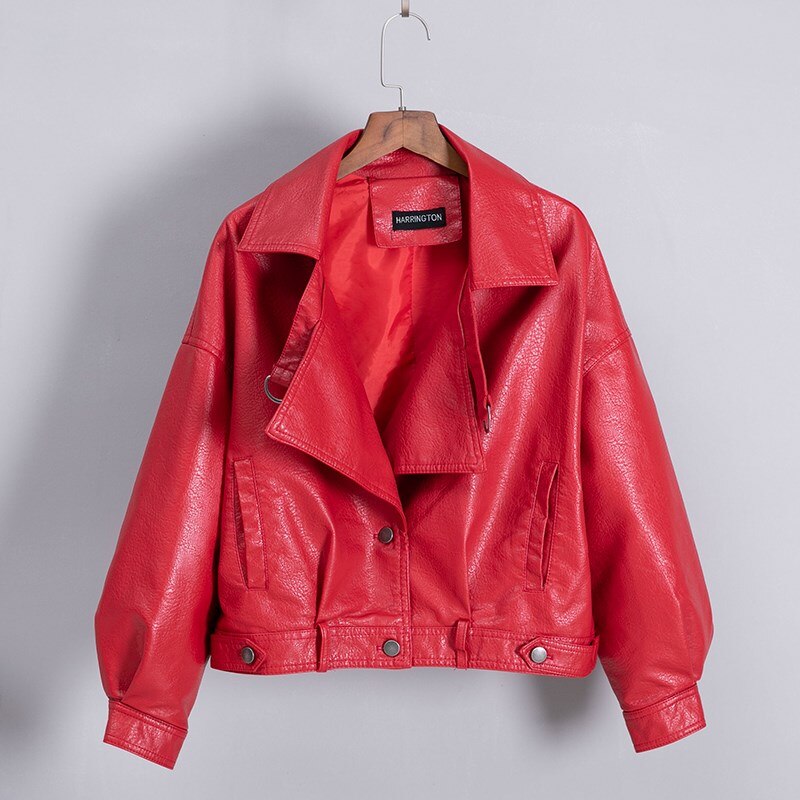 Imitatieleren jas dames omslagkraag casual pu leren jassen dames korte losse bikerjas bovenkleding: Rood / Ik