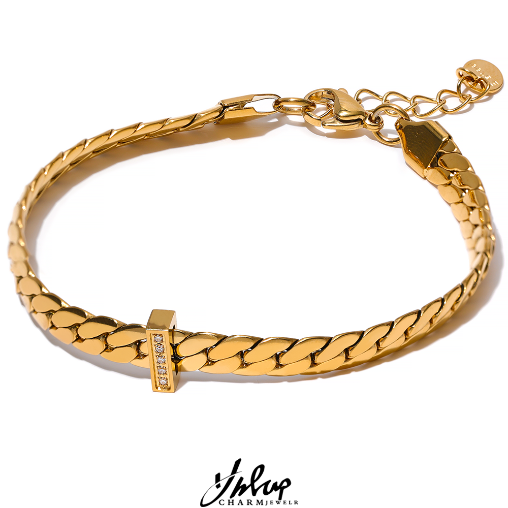 Yhpup Hochwertiges 18K vergoldetes kubanisches Ketten-Edelstahl-Armbinde mit Zirkon-Erklärung, schicker, modischer, wasserdichter Schmuck