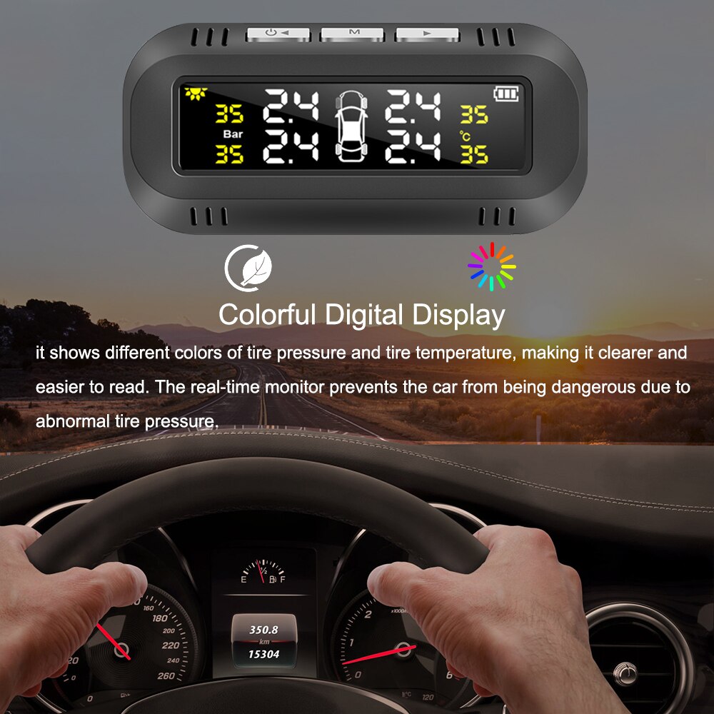 Car Tire Pressure Monitoring System 4 Internal Sensors Tyre Temperature Warning Alarm Kit Digital Display Solar TPMS