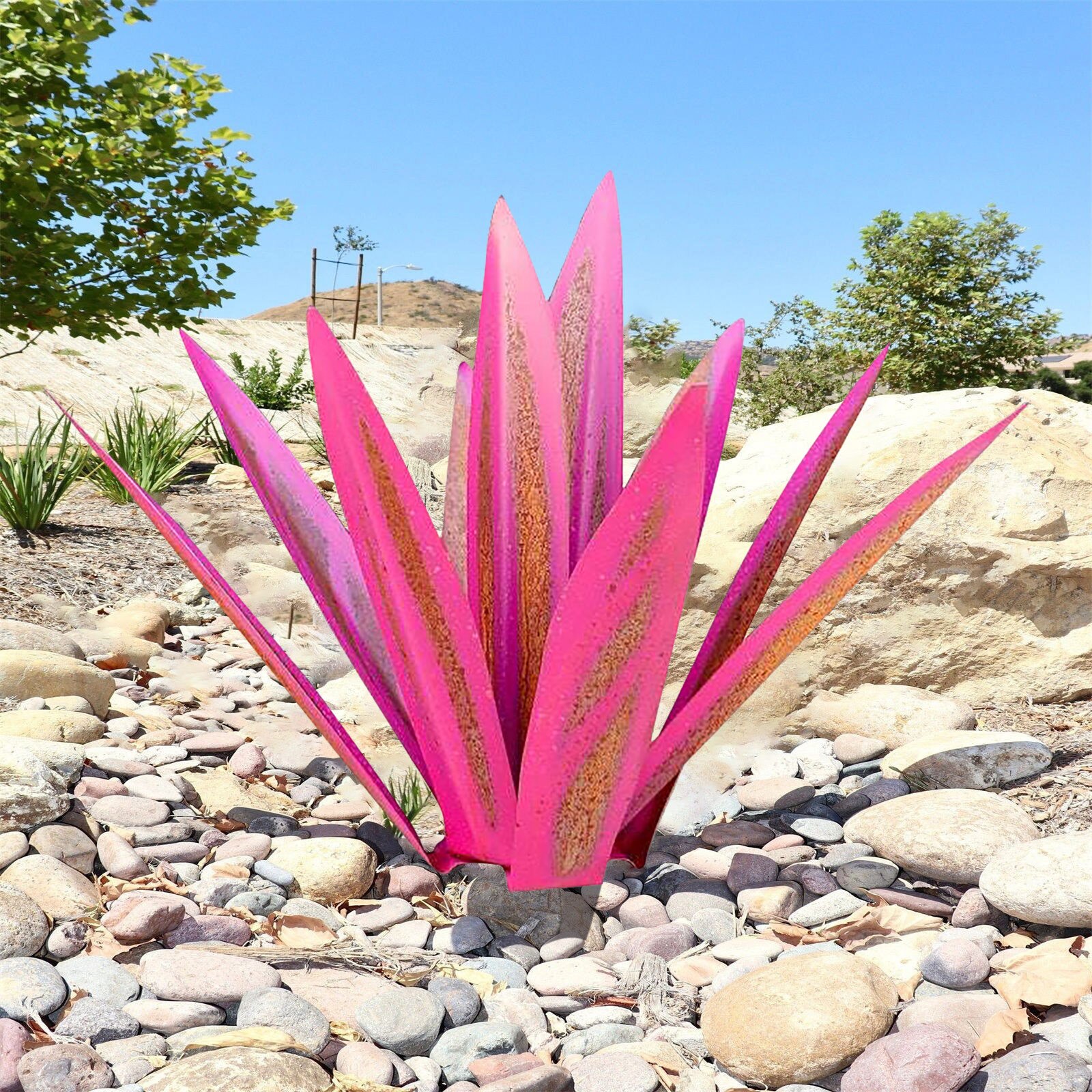 Plante d'agave en métal bricolage, Sculpture rustique de Tequila, décoration artistique de jardin de cour, décoration de maison, Figurines de jardin, piquet de cour: Pink 