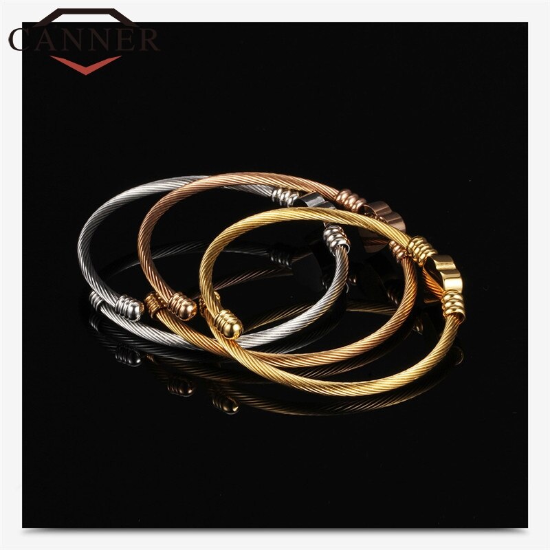 CANNER Adjustable Simple Stainless Steel Woven Heart Open Bangle Gold/Rose gold/ Silver Color Charm Babgles for Women Jewelry FO