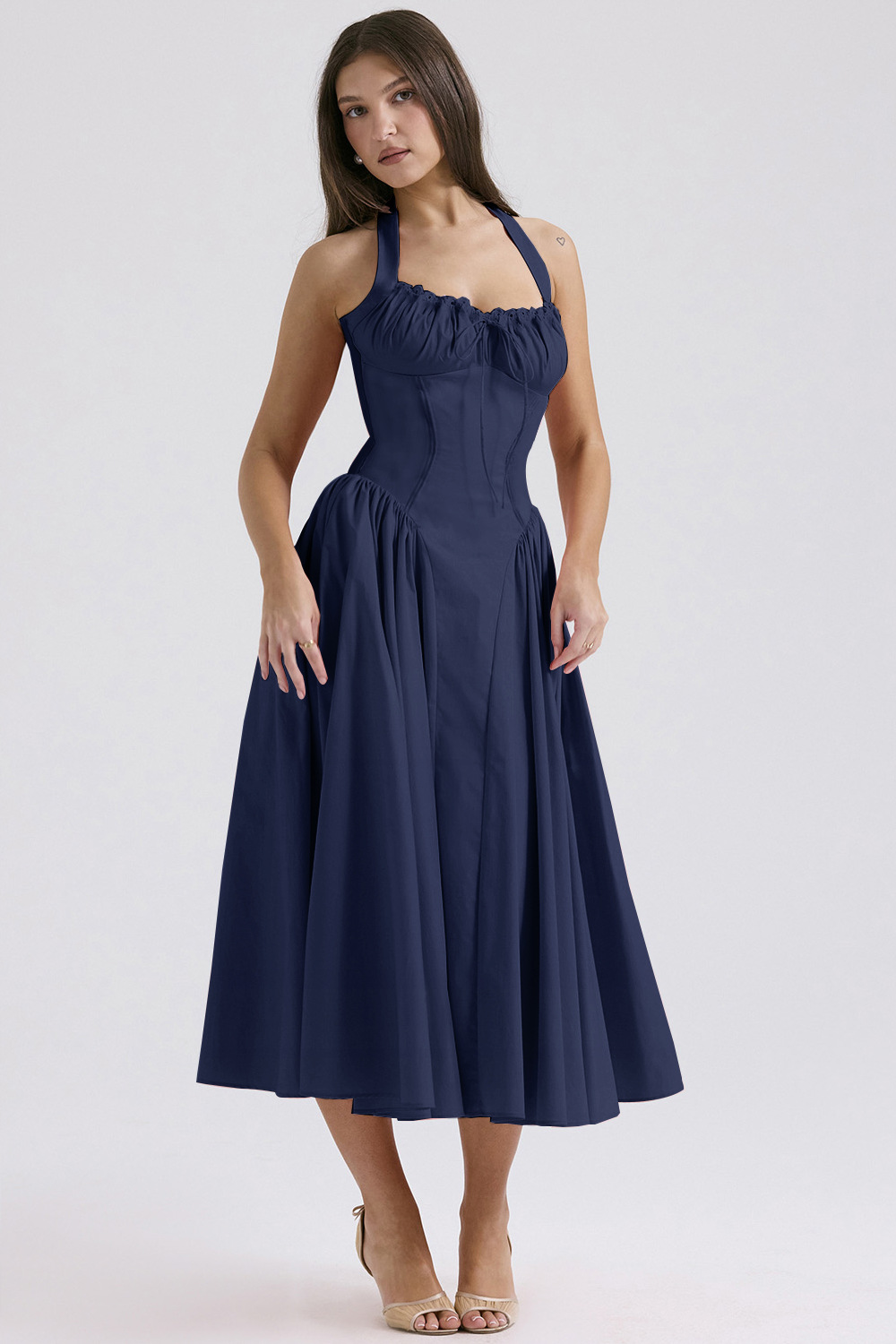 Vintage blomstret halterneck midi sommerkjole dame højtaljet pink blå sort rød kjole sommerkjoler kvinde fødselsdagskåbe: Xl / Guld