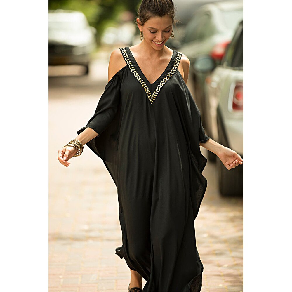 Zwart V-hals Beach Cover Up Vrouwen Oversize Kaftan Off De Schouder Lange Strand Jurk Gewaad Plage Borduurwerk Beachwear Tuniek