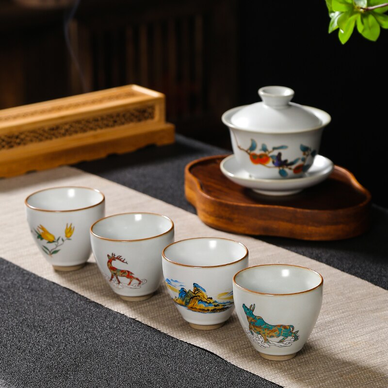 Taza de té China pintada a mano, juego de cerámica hecho a mano, taza maestra, tazón de té, taza individual portátil Personal, 4 piezas