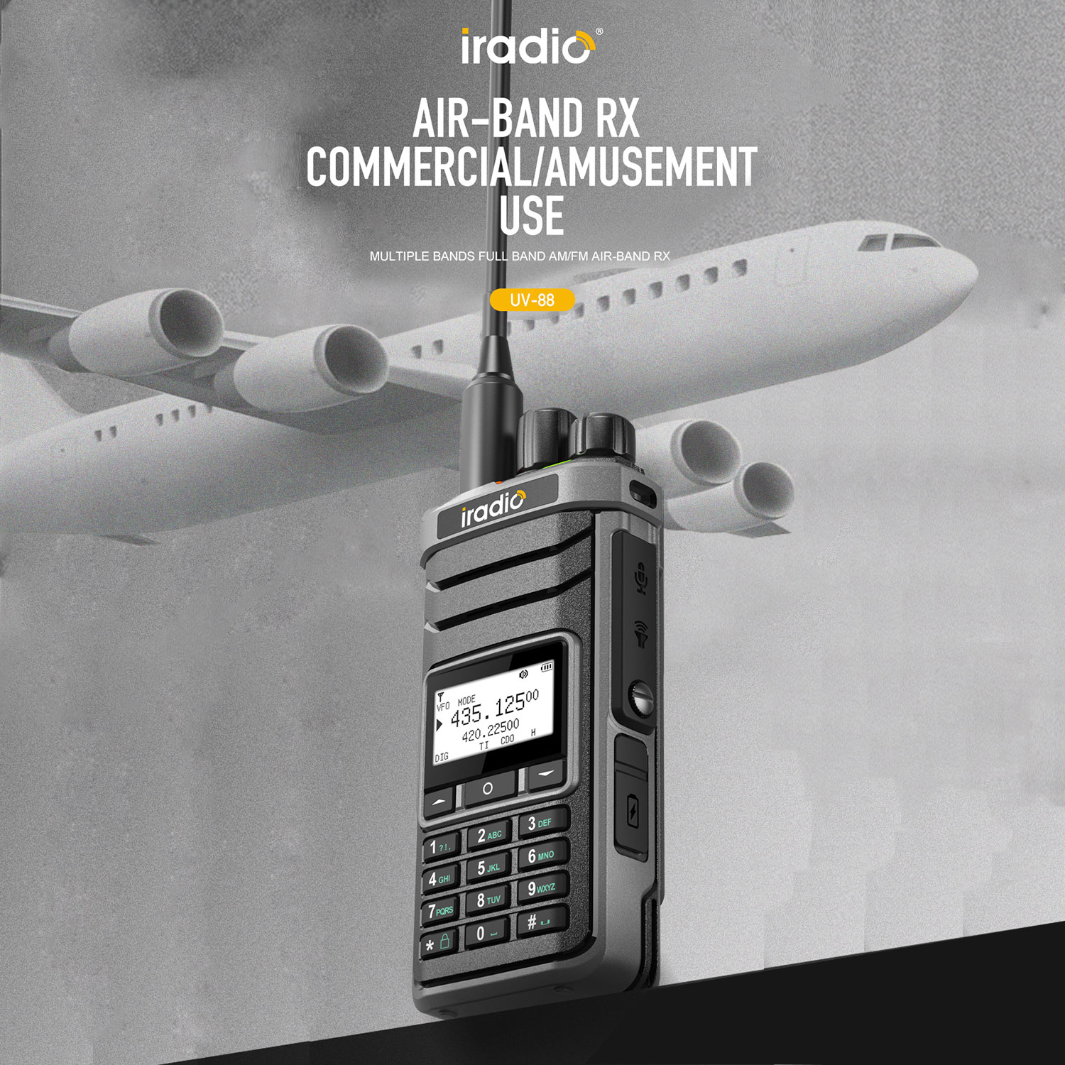Iradio UV-88 Multi Band Walkie Talkie HF UHF VHF Shortwave AM USB LSB CW CB LW MW SW SSB RX Ham Radio 1024Ch USB-C Battery UV88