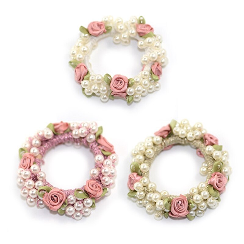 Koreanische Süße Neue Frauen Mädchen Blume Perlen Elastische Nachahmung Perlen Reize Gummi Headwear Haar Seil Zubehör