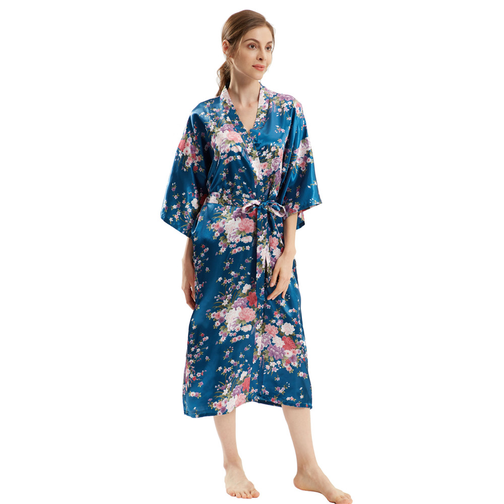 Kimono Badjas Jurk Met Halve Mouw Dames Lang Gewaad Print Bloemen Satijn Nachtkleding Thuis Jurk Losse Loungewear: Army Green