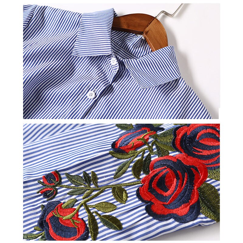 Willstage, blusa con bordado de rosas, camisas con estampados florales y a rayas para mujer, blusa de manga larga, ropa blanca, novedad de otoño , Tops femeninos